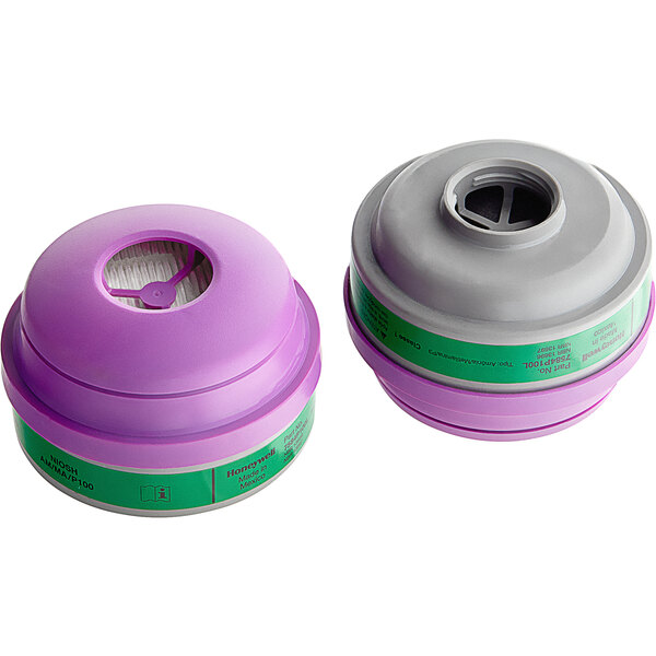 Two purple and green Honeywell N-Series air filters with P100 particulate filter.