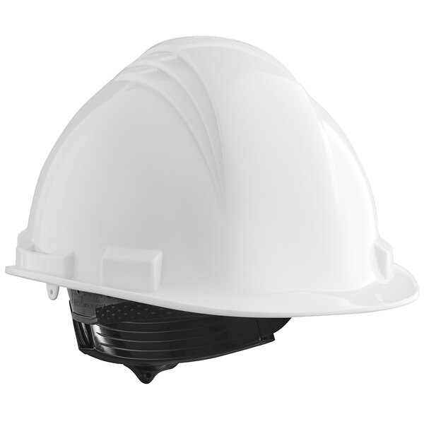 A white Honeywell hard hat with a black strap.
