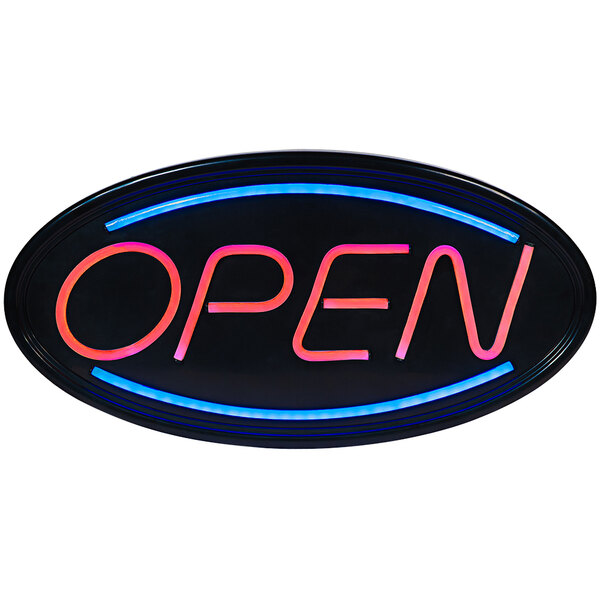 An oval Royal Sovereign LED open sign with blue and red neon lights.