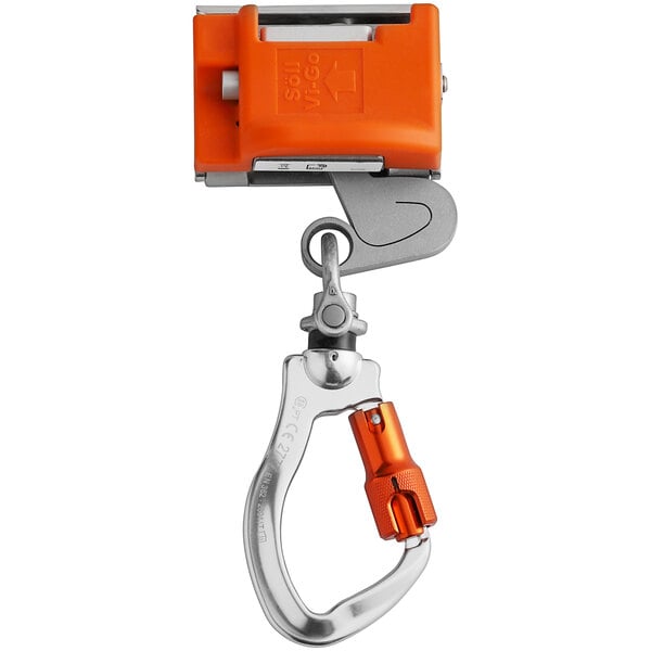 A close-up of an orange carabiner with a swivel and hook.