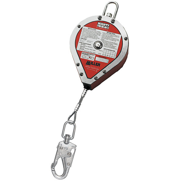 A close-up of a red and white Honeywell Miller MightyLite self-retracting lifeline safety hook.