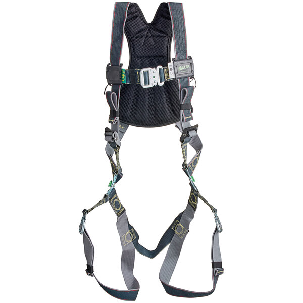 A close-up of a black and yellow Honeywell Miller full-body harness.