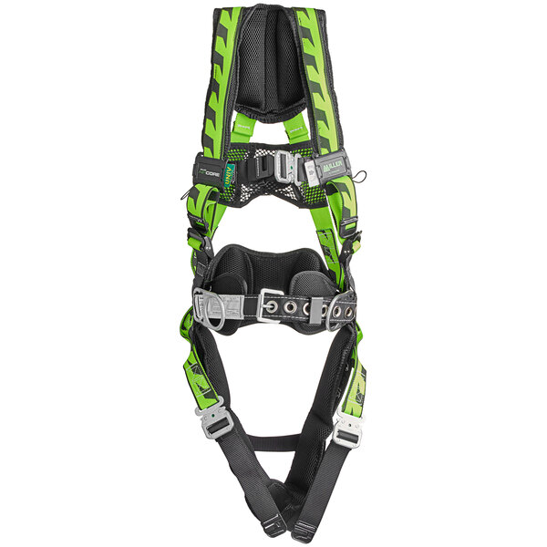 A close-up of a green and black Honeywell Miller AirCore full-body harness with a safety belt.