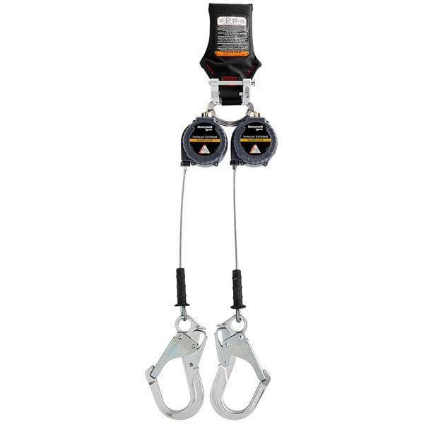 A pair of Honeywell Miller TurboLite personal fall limiters with aluminum locking rebar hooks.