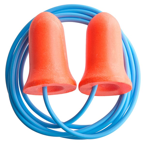 Two orange Howard Leight corded foam earplugs.