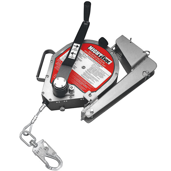 A close-up of a red and black Honeywell Miller self-retracting lifeline on a cable reel.