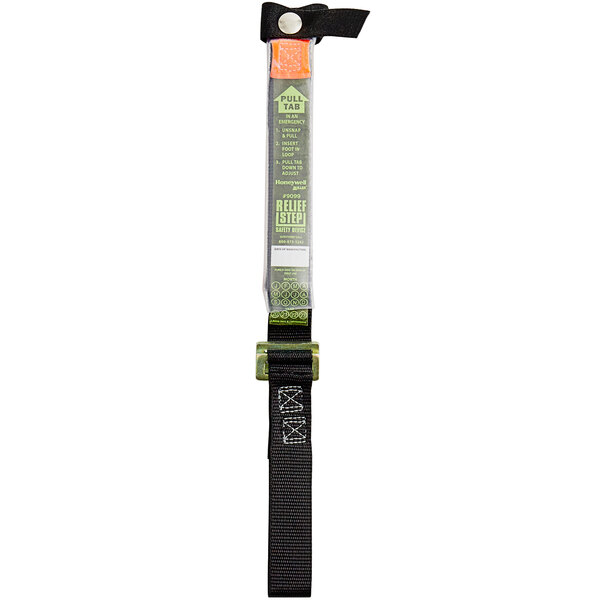 A package for a Honeywell Miller Relief Step Safety Device with a green and black strap and a green tag.