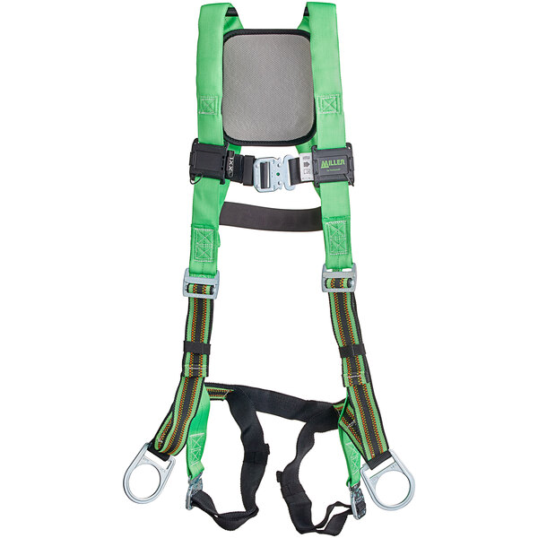 A green Honeywell Miller full-body harness with black straps and belt loops.