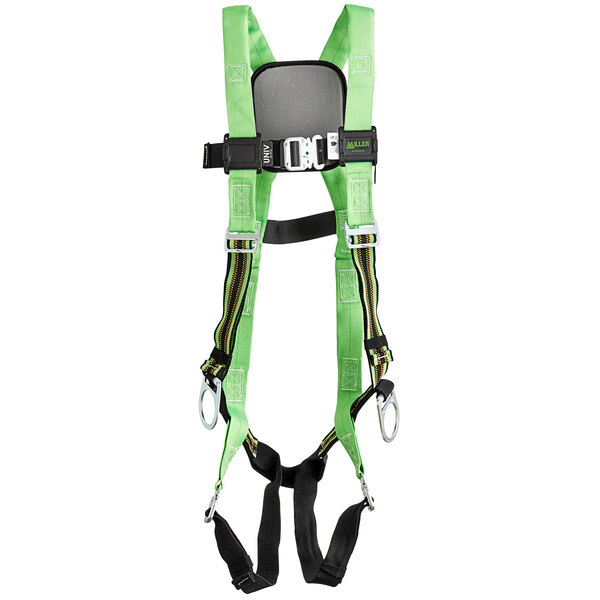 A green safety harness with black straps and belt loops.