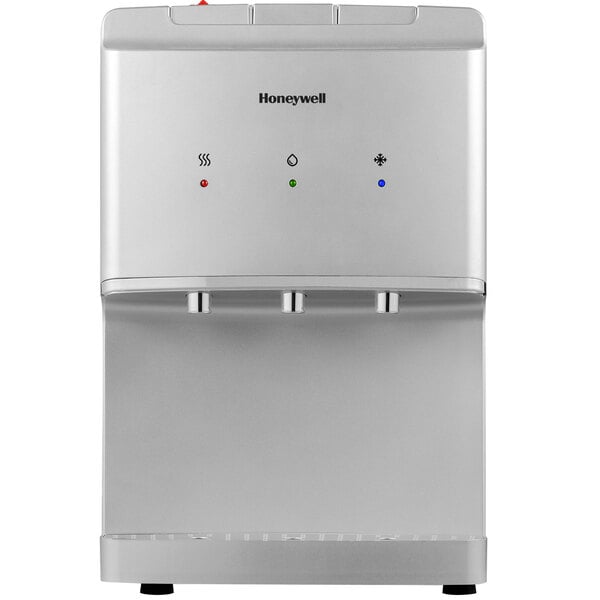 A silver and white Honeywell water dispenser with buttons and lights.
