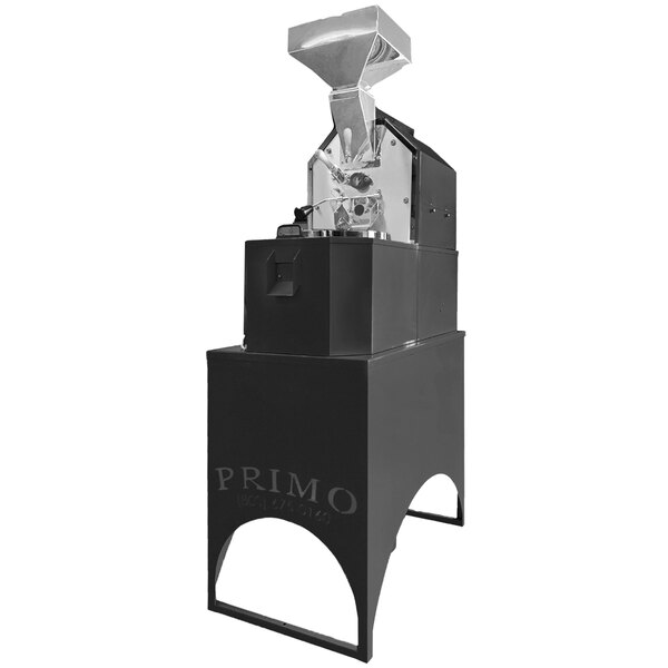 A Primo RANGER-Xr5 commercial coffee roaster with a black base and silver object inside.