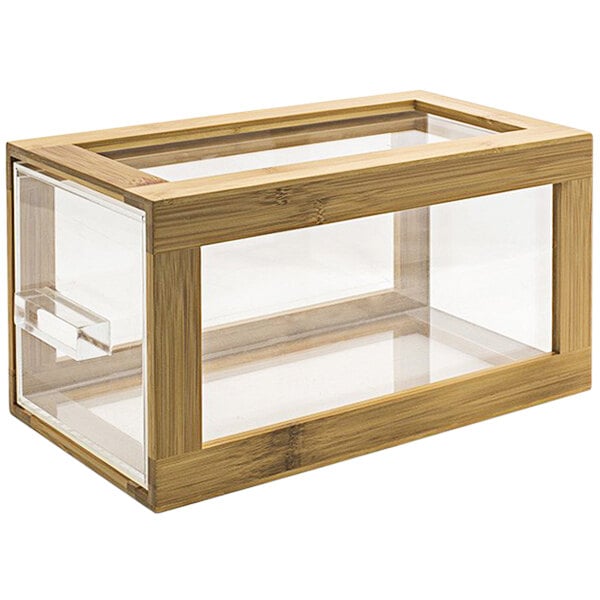 A wooden box with a clear glass lid.
