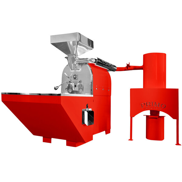 A red Primo WARDEN-Xr30 coffee roaster with red external cyclone.