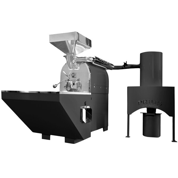 A black and silver Primo WARDEN-Xr30 coffee roaster with a large cylinder.