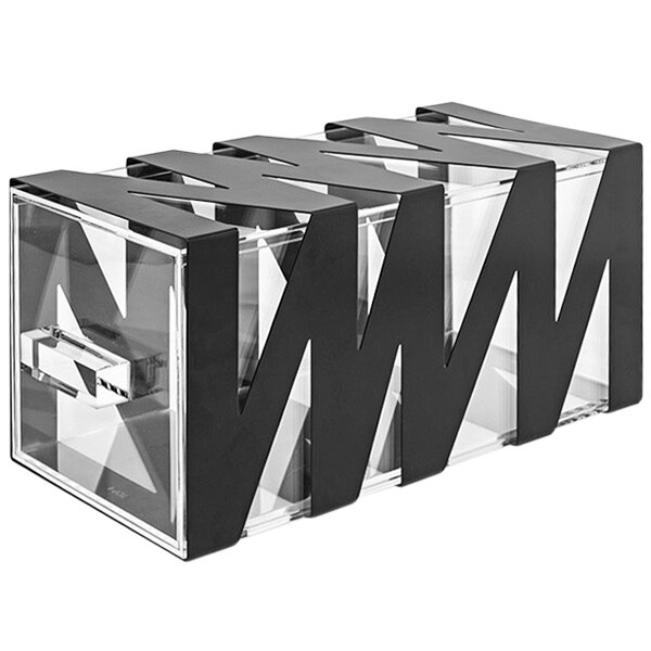 A clear box with black metal handles with a black zig zag design.