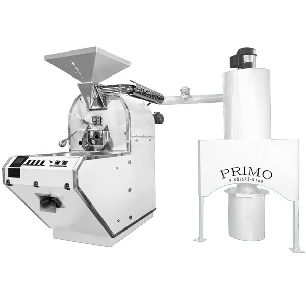 A Primo SENTINEL-Xr20 coffee roaster with white container and silver handle.