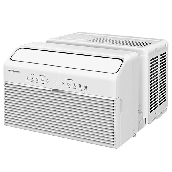 A white MRCOOL U-Shaped window air conditioner with buttons and a white cover.