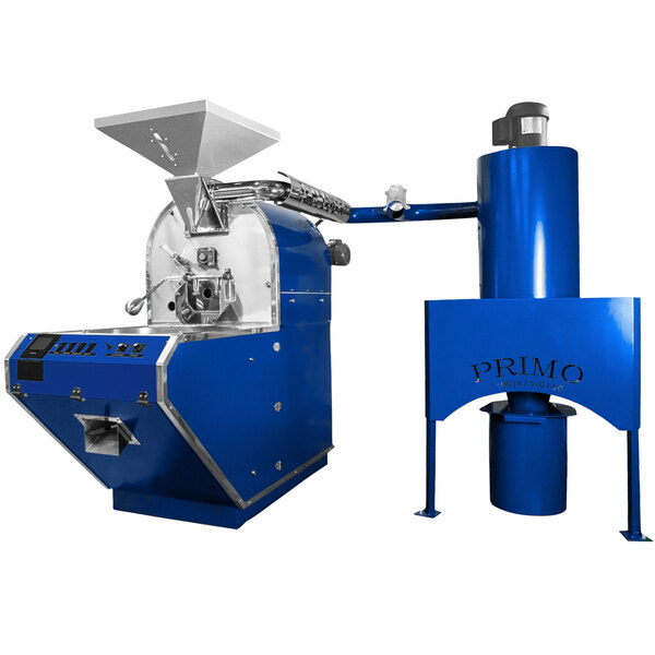A blue and silver Primo RAVEN-X coffee roaster.