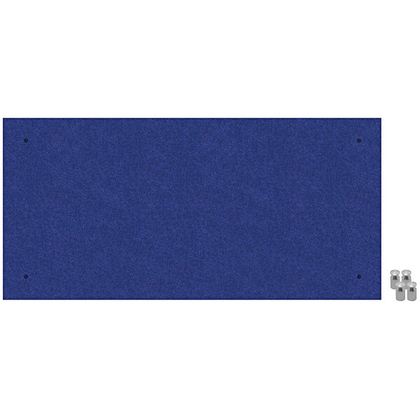 A blue rectangular Versare SoundSorb acoustic panel with metal standoffs.