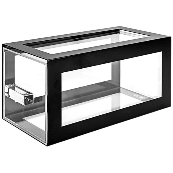 A black rectangular metal display drawer with clear glass panels.