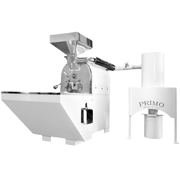 A Primo WARDEN-Xr30 commercial coffee roaster with a white cover.