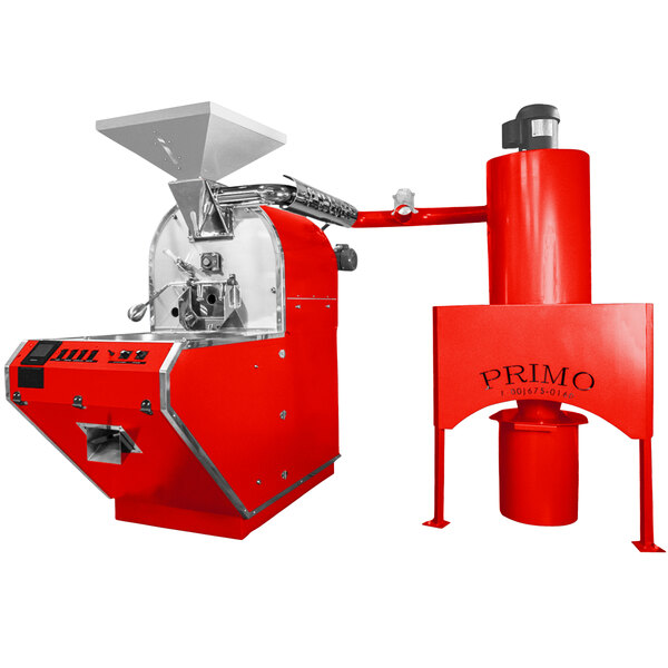 A red Primo RAVEN-X coffee roaster with a white cylinder.