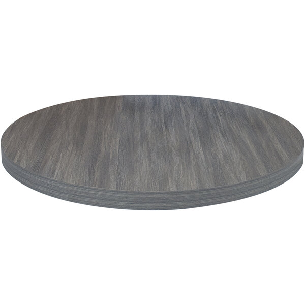 An American Tables & Seating round light gray faux wood laminate table top.