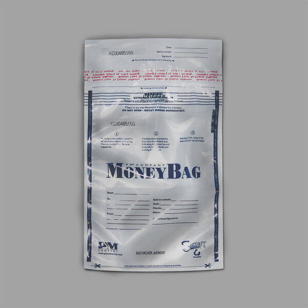 A clear plastic PM Company bank deposit bag with red writing that says money bag.