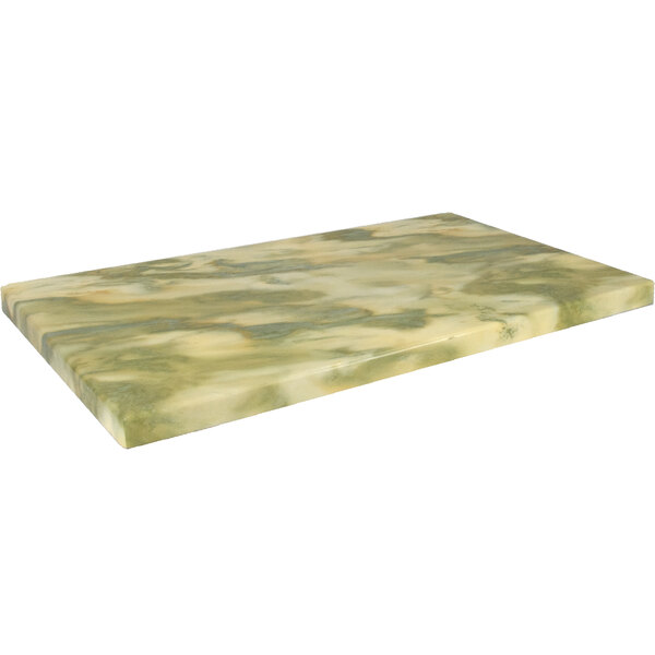 A rectangular white, green, and yellow marbled table top.