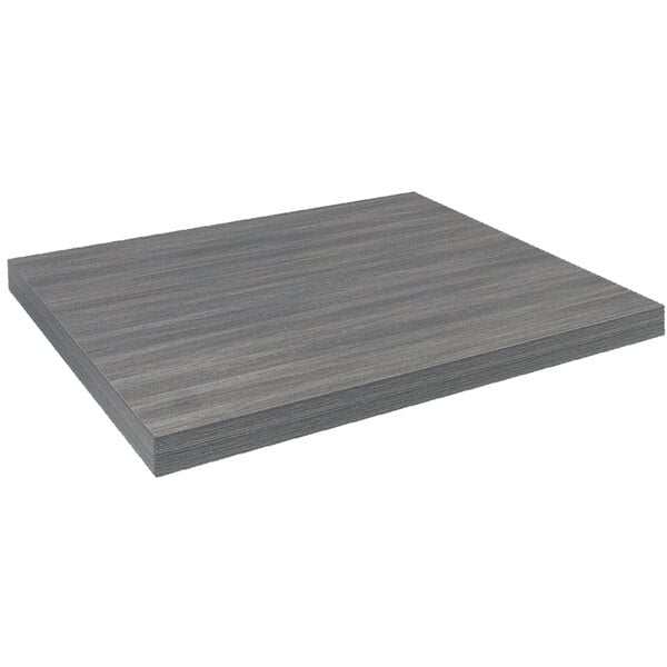 An American Tables & Seating light gray faux wood laminate square table top.