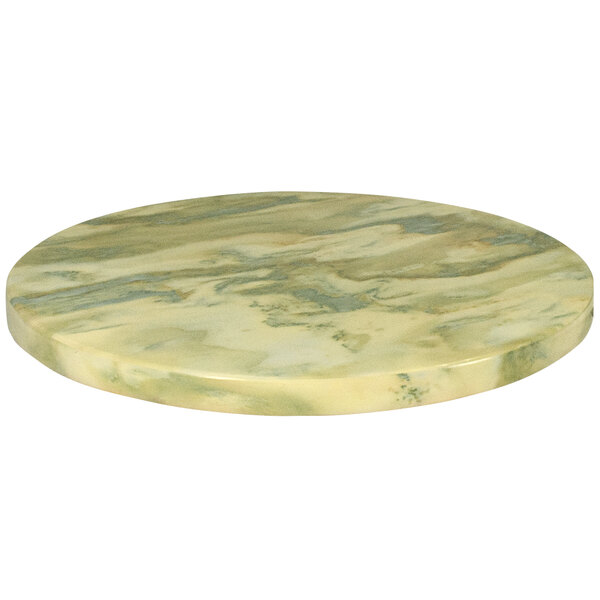 An American Tables & Seating round table top with a green and yellow marble pattern.