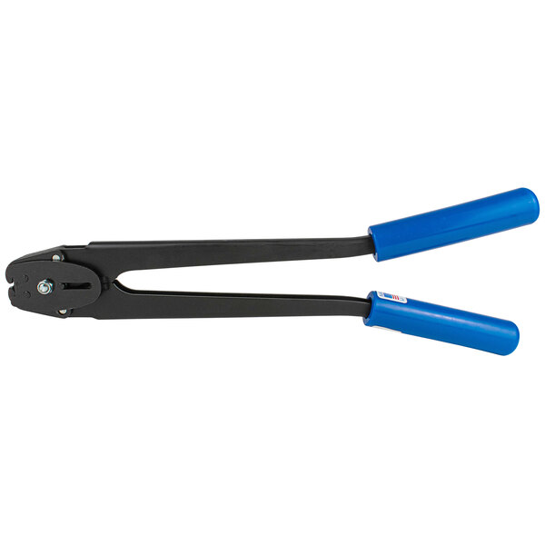 A pair of blue and black Lavex Front Action Double-Notch Sealer pliers.