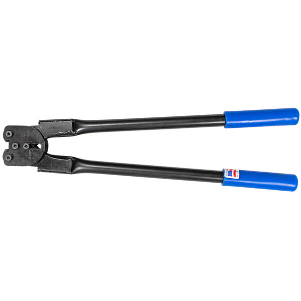 A pair of black and blue Lavex Heavy-Duty Front Action Sealers for strapping with blue handles.