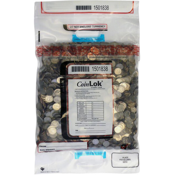 A clear CoinLok bag with a label on it containing coins.