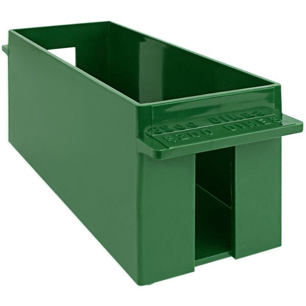 A green plastic container with a lid and a white border.