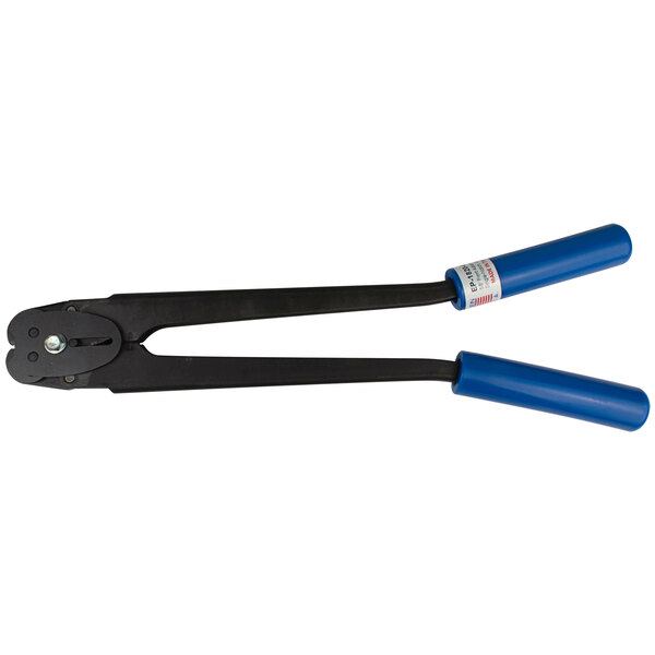 Lavex Front Action Single-Notch Sealer for 3/8" Strap Width with black and blue handles.