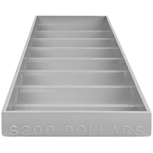 A gray rectangular plastic coin tray with the words "$200 DOLLARS" in white.