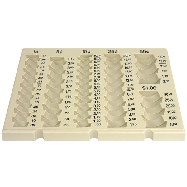 A white plastic Controltek USA coin tray with black numbers and 6 denominations.