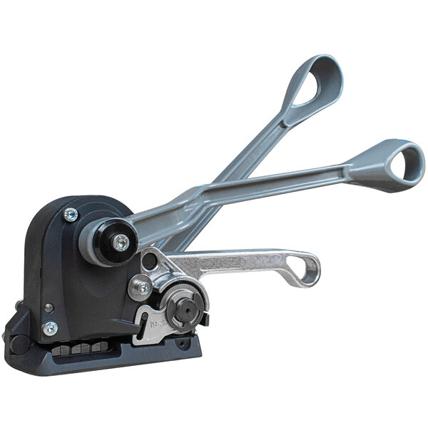 A black and grey Lavex heavy-duty sealless strapping tool.