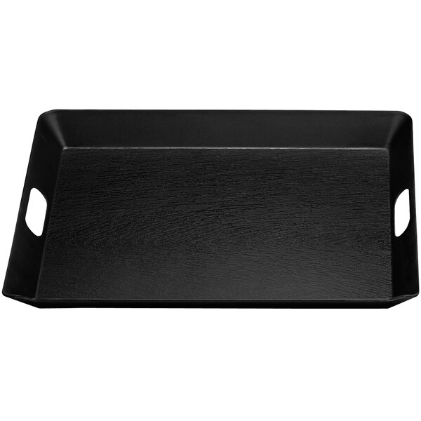 A black rectangular Elite Global Solutions room service tray with black woodgrain finish and handles.