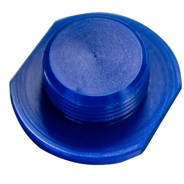 A blue plastic cap with a round top and a screw.