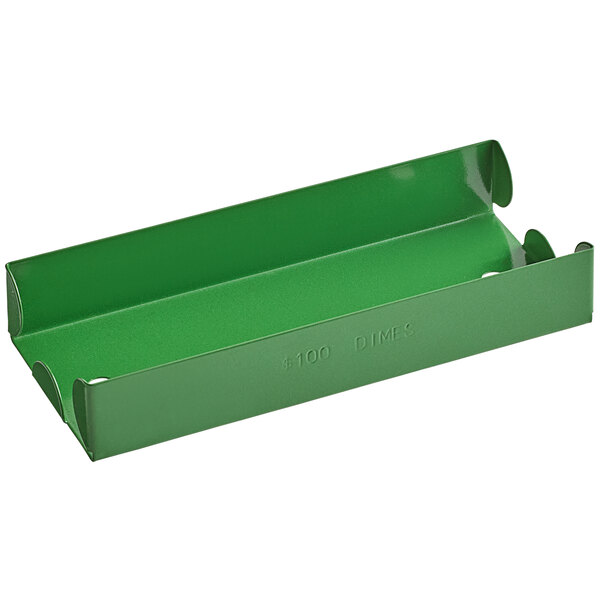 A green metal Controltek USA coin storage tray with holes.