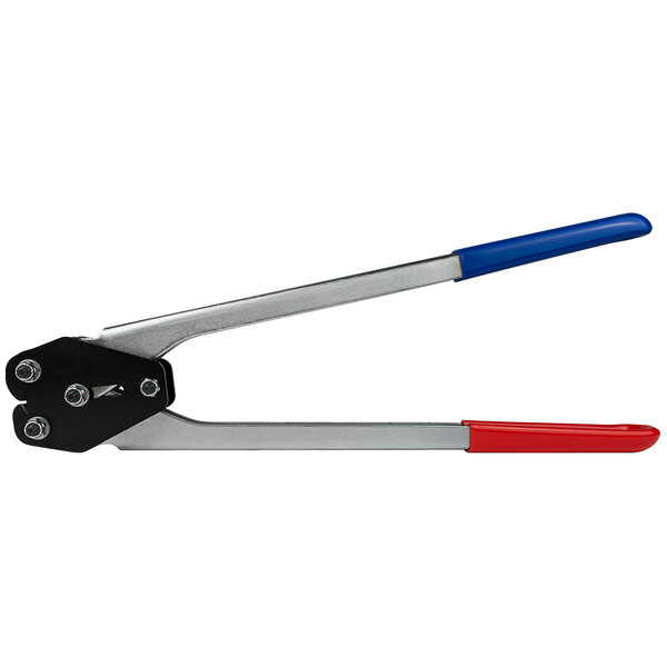 Lavex Premium Unidirectional Front Action Sealer for 1/2" Strap Width with blue and red handles.