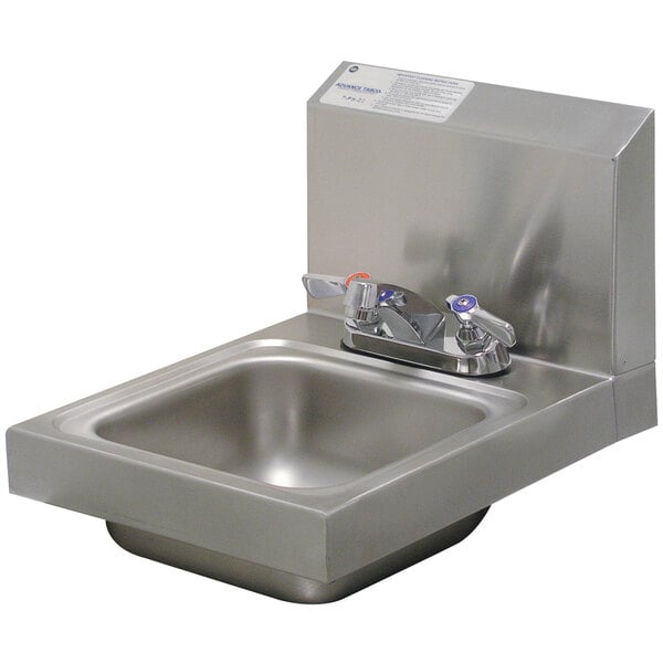 A stainless steel Advance Tabco hand sink with a deck mount faucet.