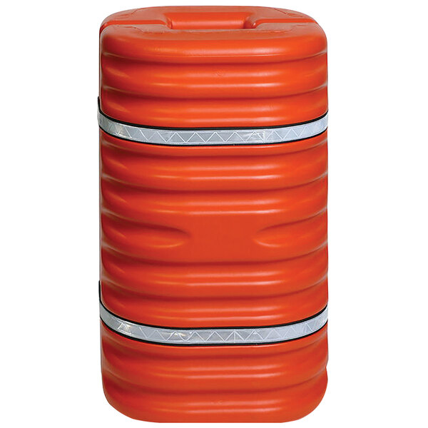 An orange cylinder with silver stripes.