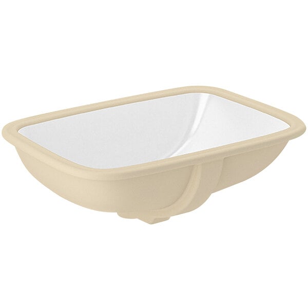 A beige rectangular undermount bathroom sink with a white bowl and rim.