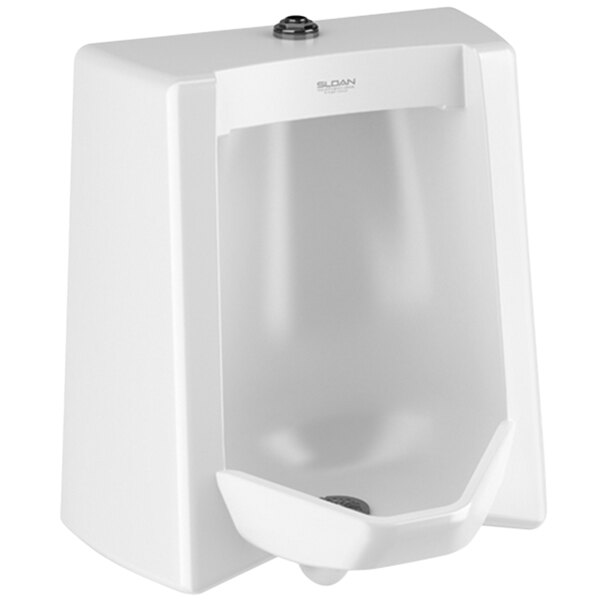 A white Sloan urinal with a drain.