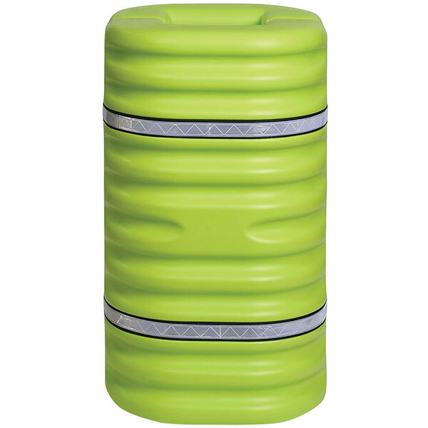 A lime green Eagle Manufacturing column protector with silver stripes.