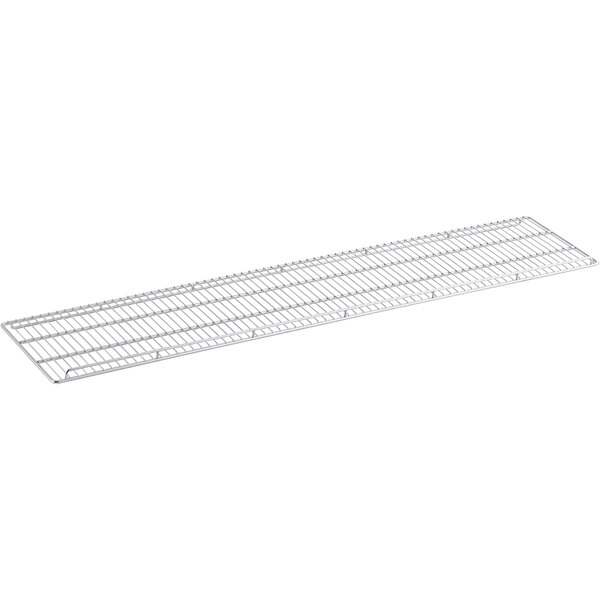 A white metal shelf with two metal bars on it.