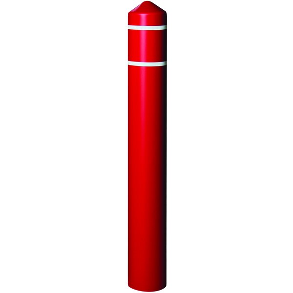 A red cylindrical bollard cover with white reflective stripes.